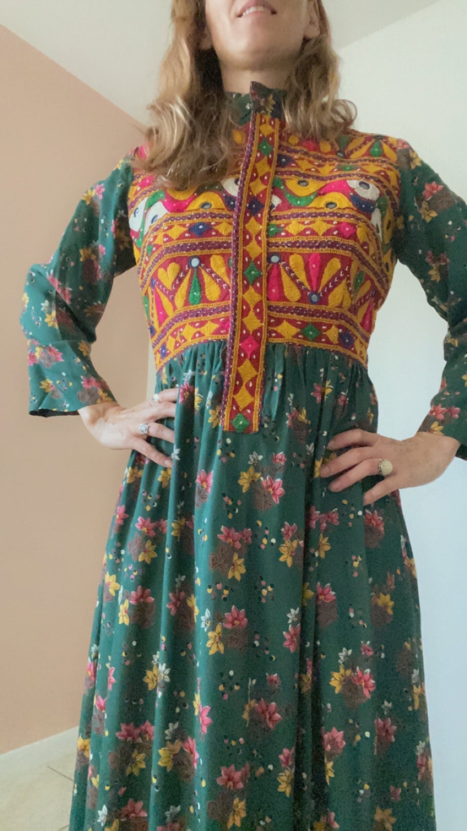 Hand Embroidered 70s Boho Dream Dress from India, size M