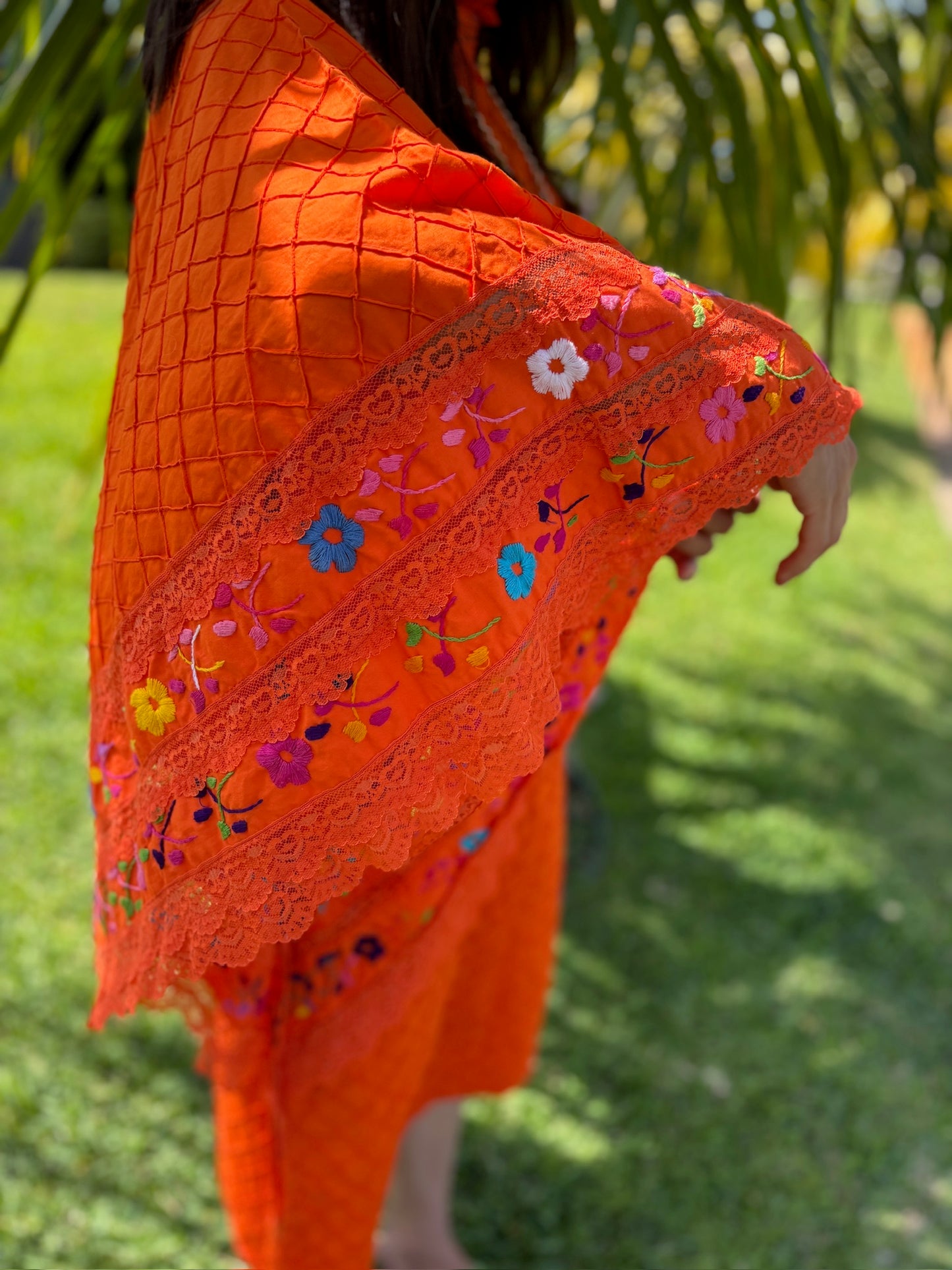 Sunset Siren, Orange Caftan with Embroidered Collar & Sleeves, Bust: 34-38"