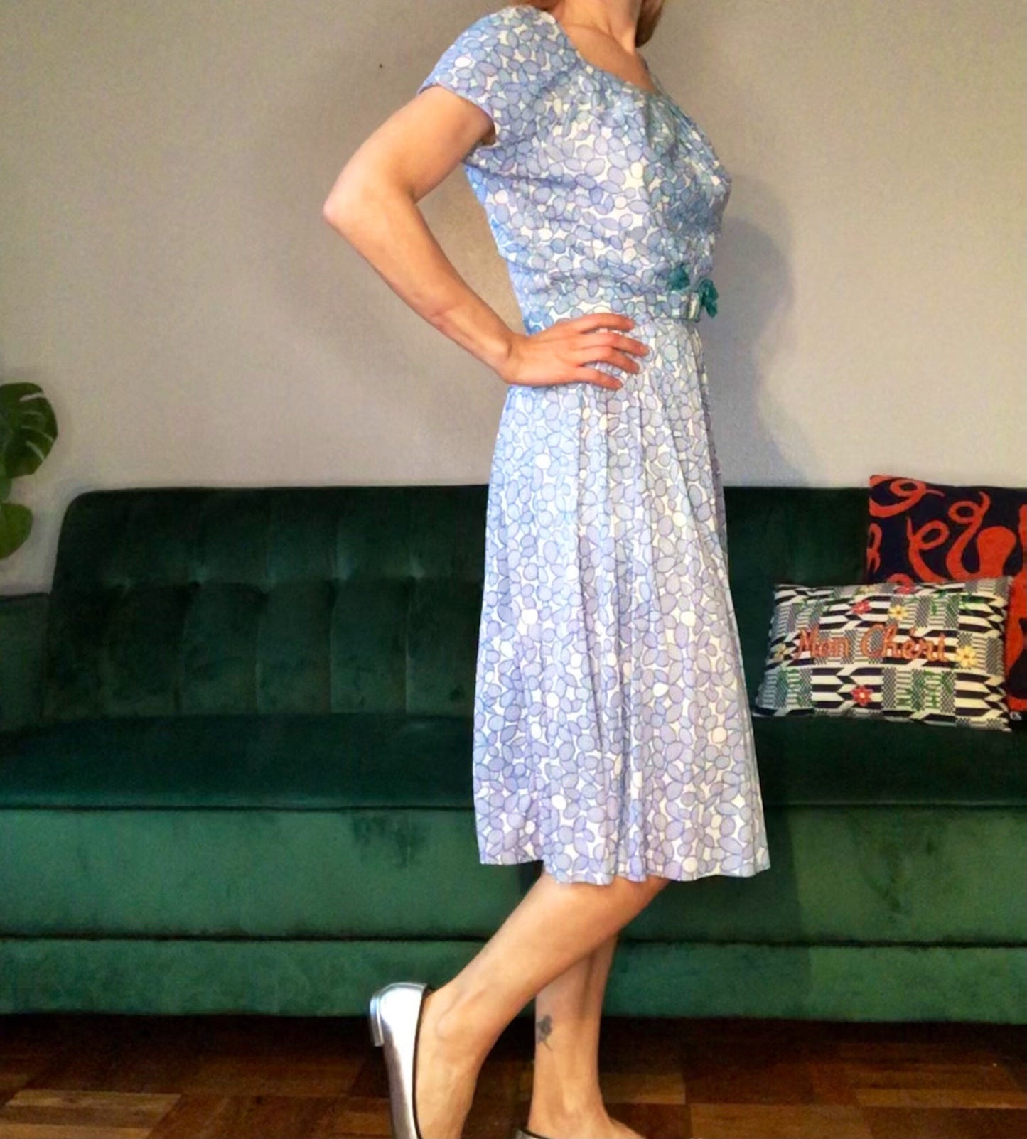 R & K Originals 1950s Watercolor Dot Dress, Size Small, 50s Midi Dress