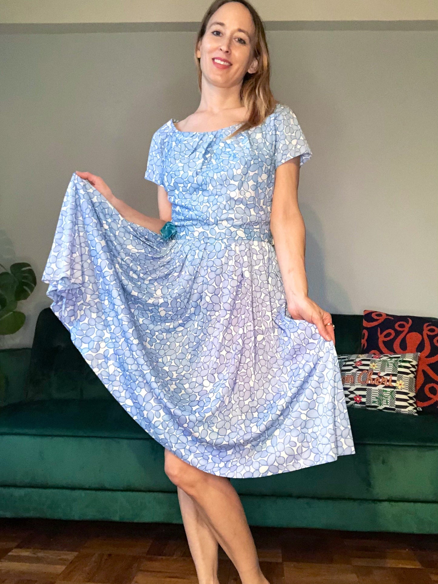 R & K Originals 1950s Watercolor Dot Dress, Size Small, 50s Midi Dress