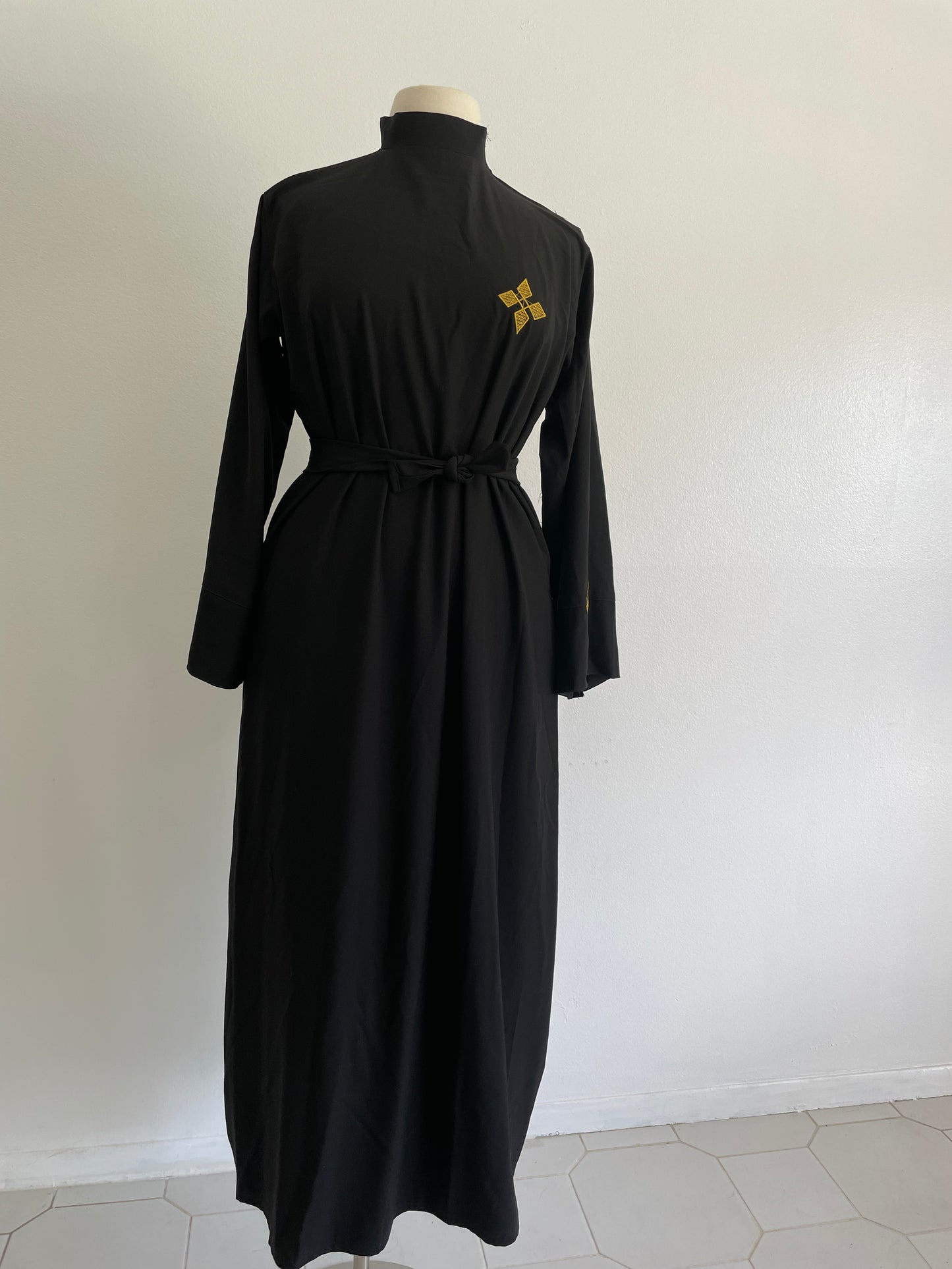 Black Mock Turtleneck Dress w Gold Embroidery