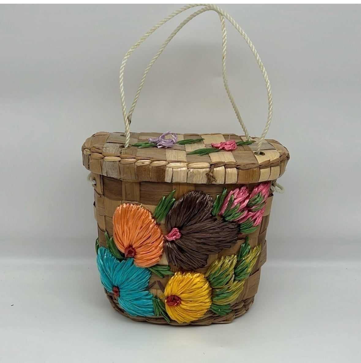 Rare 1960s Woven Straw Beach Bag, 60s Wicker Bucket Bag