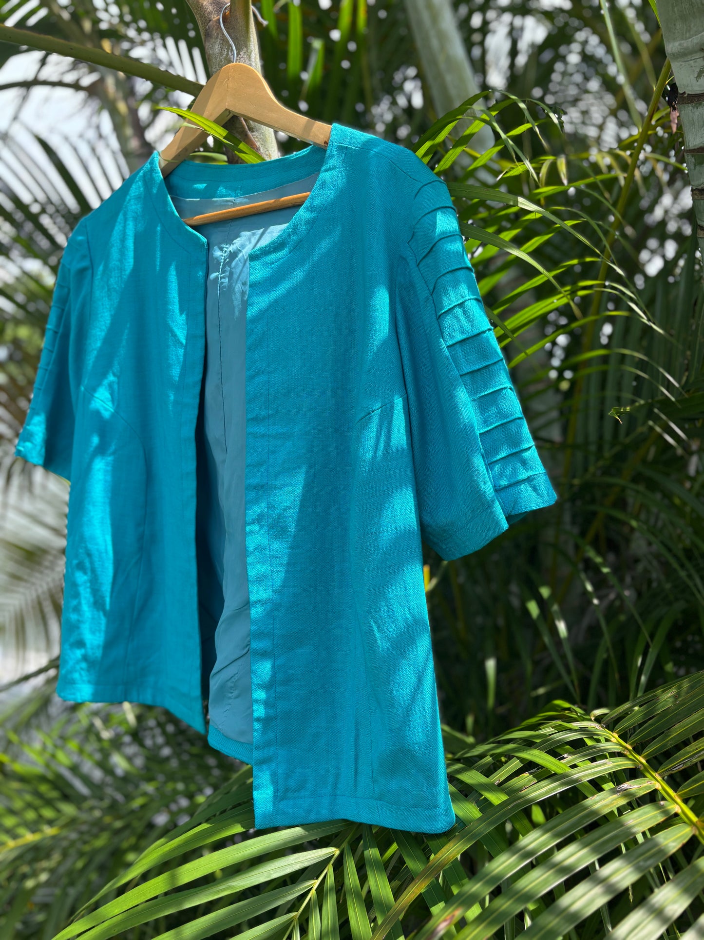 Turquoise Blue Custom Cotton–Linen Jacket, Blue Blazer