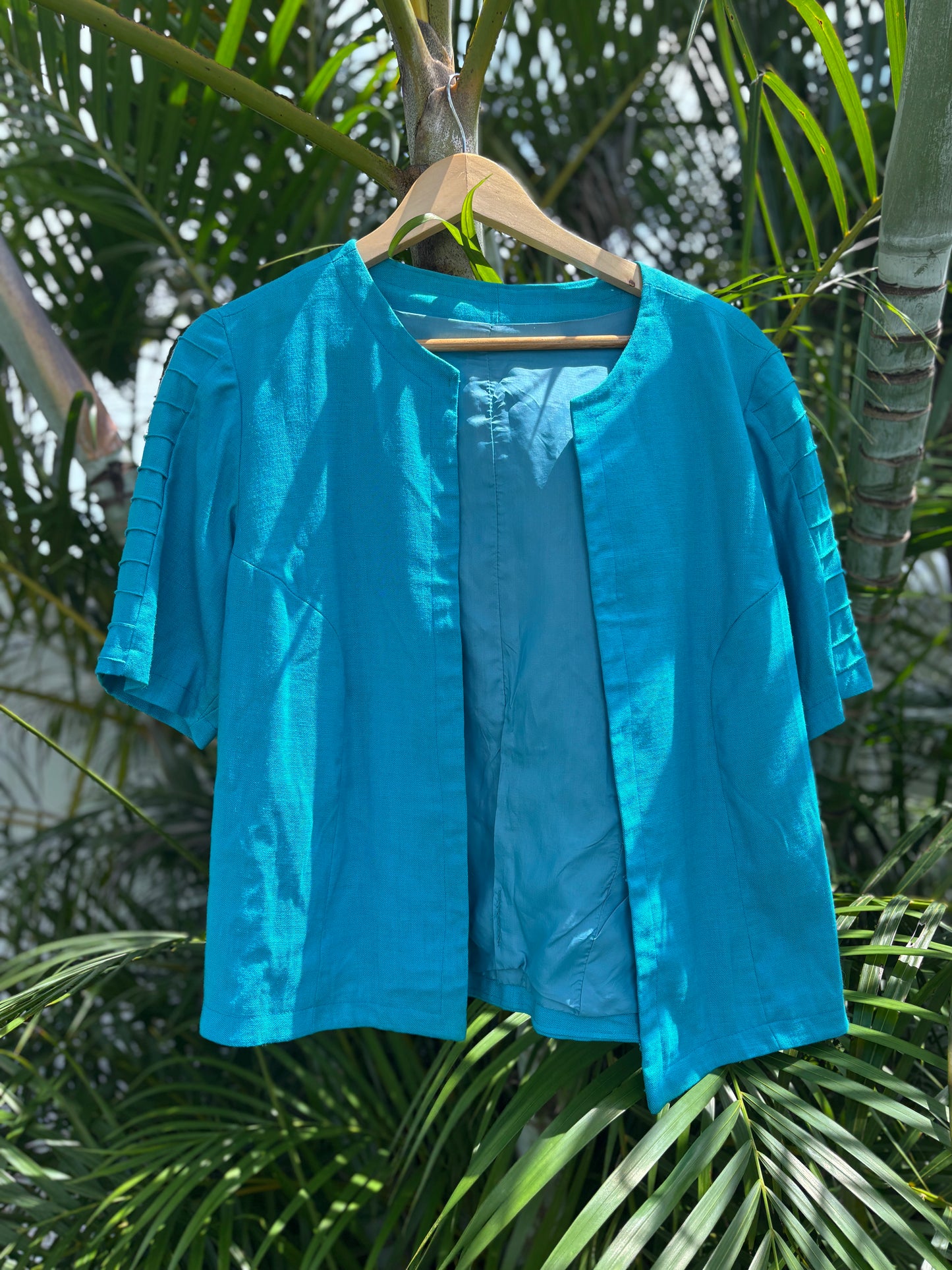 Turquoise Blue Custom Cotton–Linen Jacket, Blue Blazer