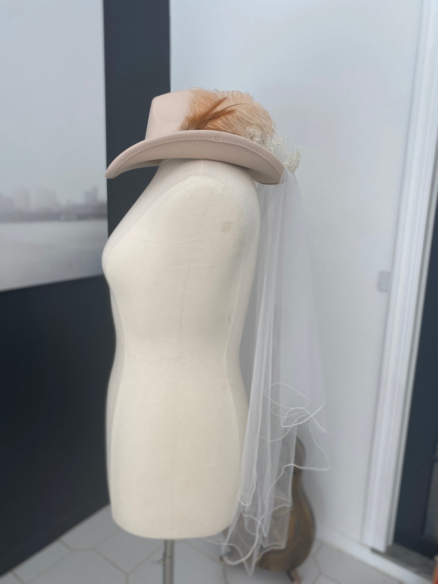 Cowgirl Wedding/ Bachelorette Party Cowgirl Hat: Vintage Veil & Feathers