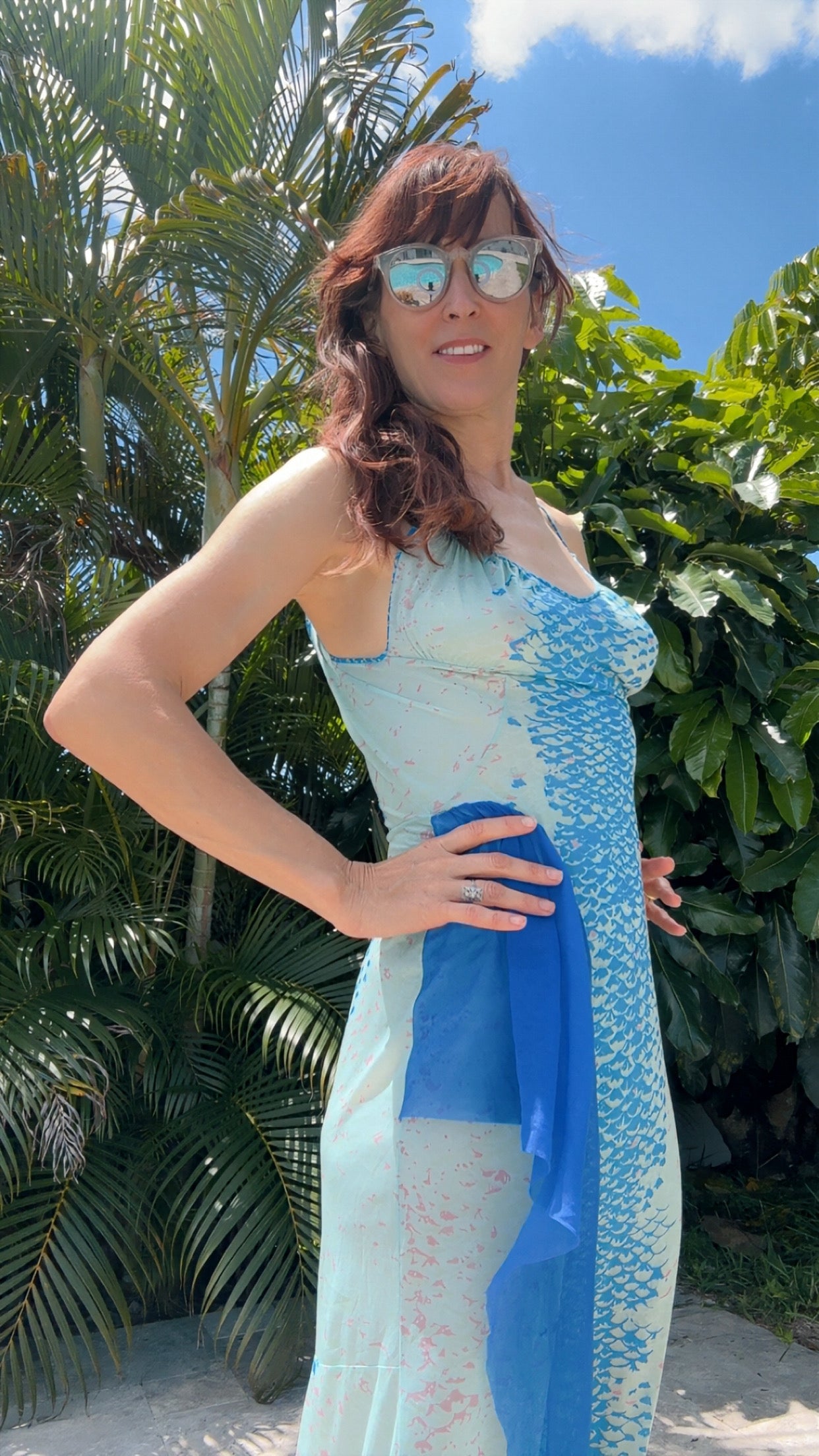 Y2K Mermaid Slip Dress | Seafoam Blue Bias Cut Maxi | Sheer Chiffon Detail