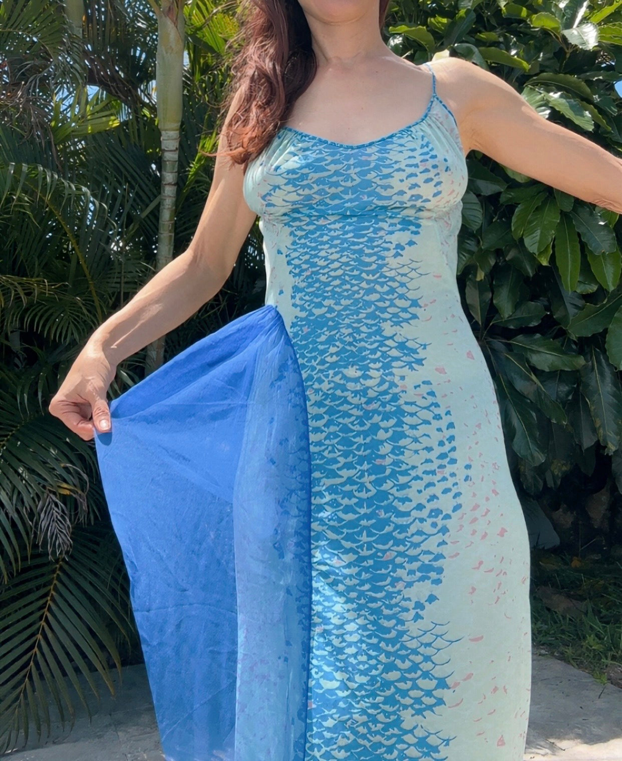 Y2K Mermaid Slip Dress | Seafoam Blue Bias Cut Maxi | Sheer Chiffon Detail