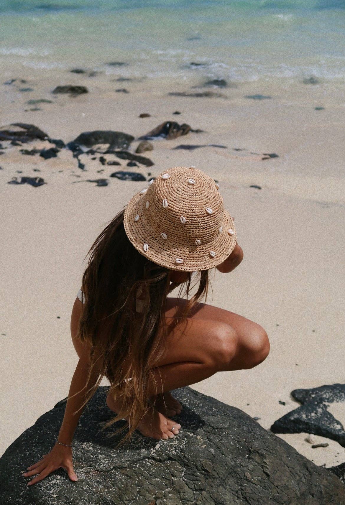 Delray Puka Dot- Cowry Shell Raffia Bucket Hat