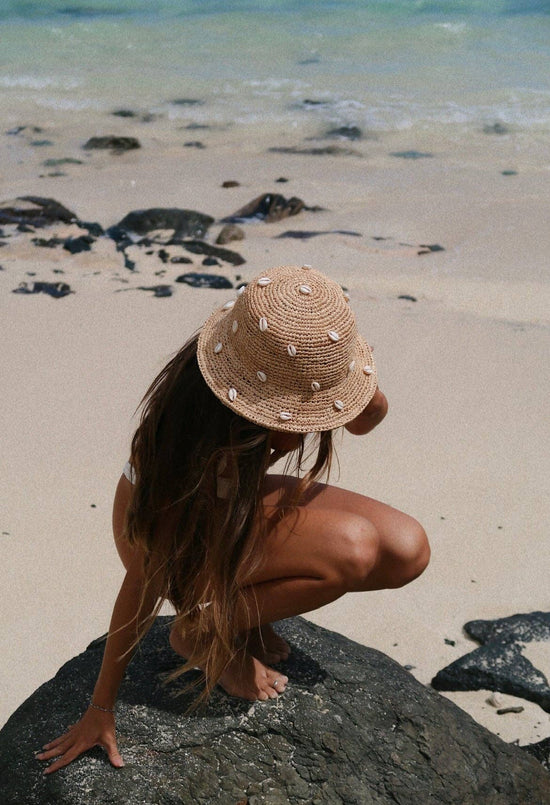 Delray Puka Dot- Cowry Shell Raffia Bucket Hat