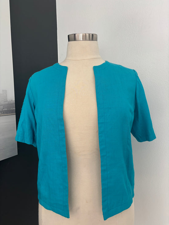 Turquoise Blue Custom Cotton–Linen Jacket, Blue Blazer
