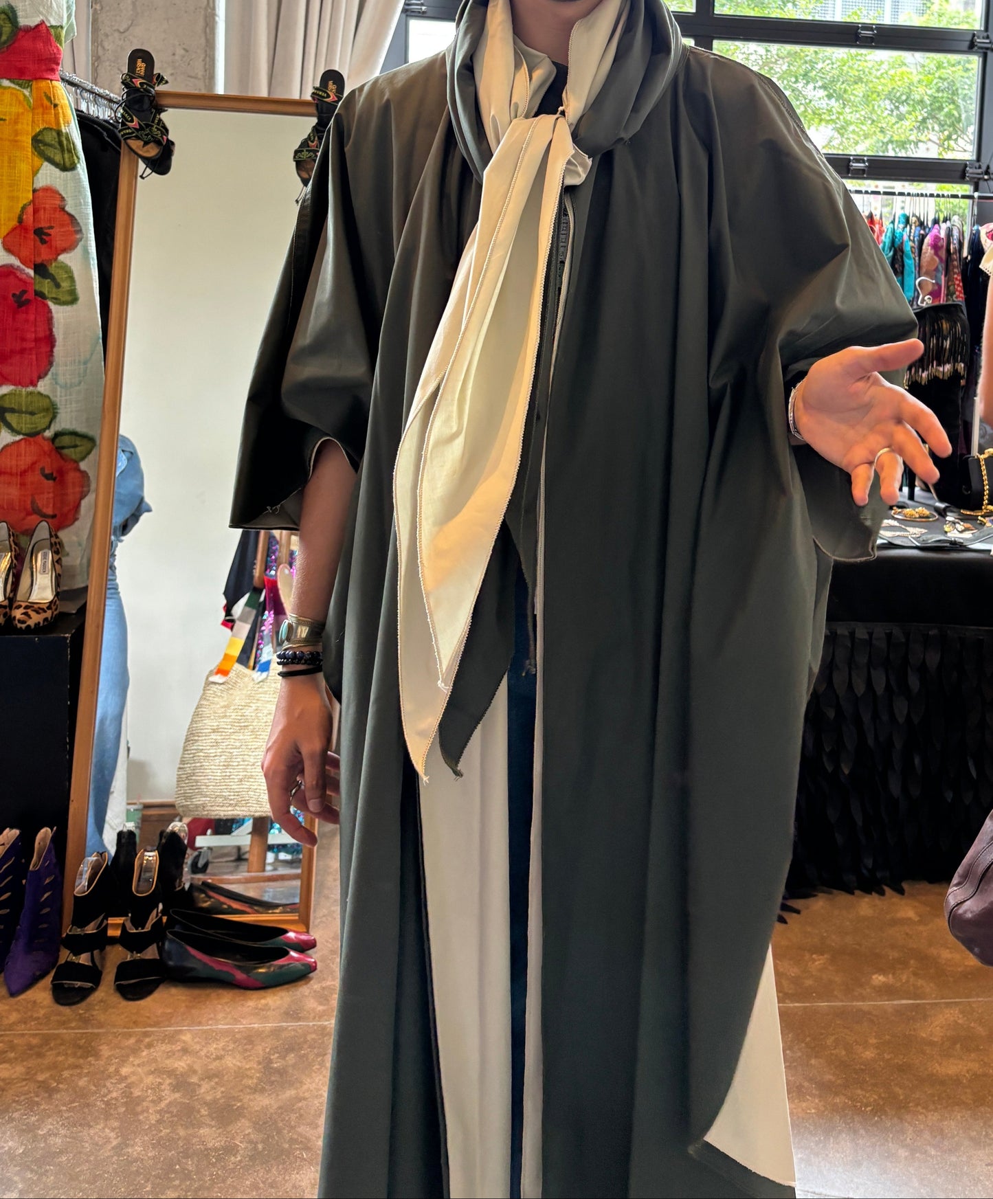 Yeohlee Reversible Cape – Olive &amp; Khaki Tie-Front