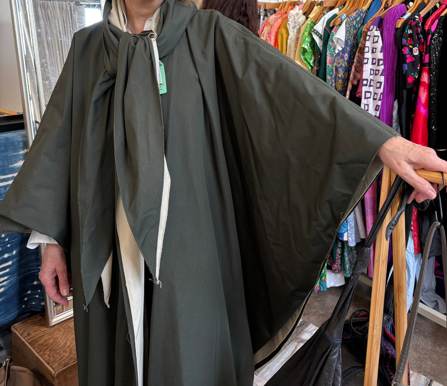 Yeohlee Reversible Cape – Olive &amp; Khaki Tie-Front