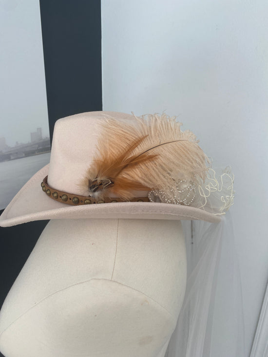 Cowgirl Wedding/ Bachelorette Party Cowgirl Hat: Vintage Veil & Feathers