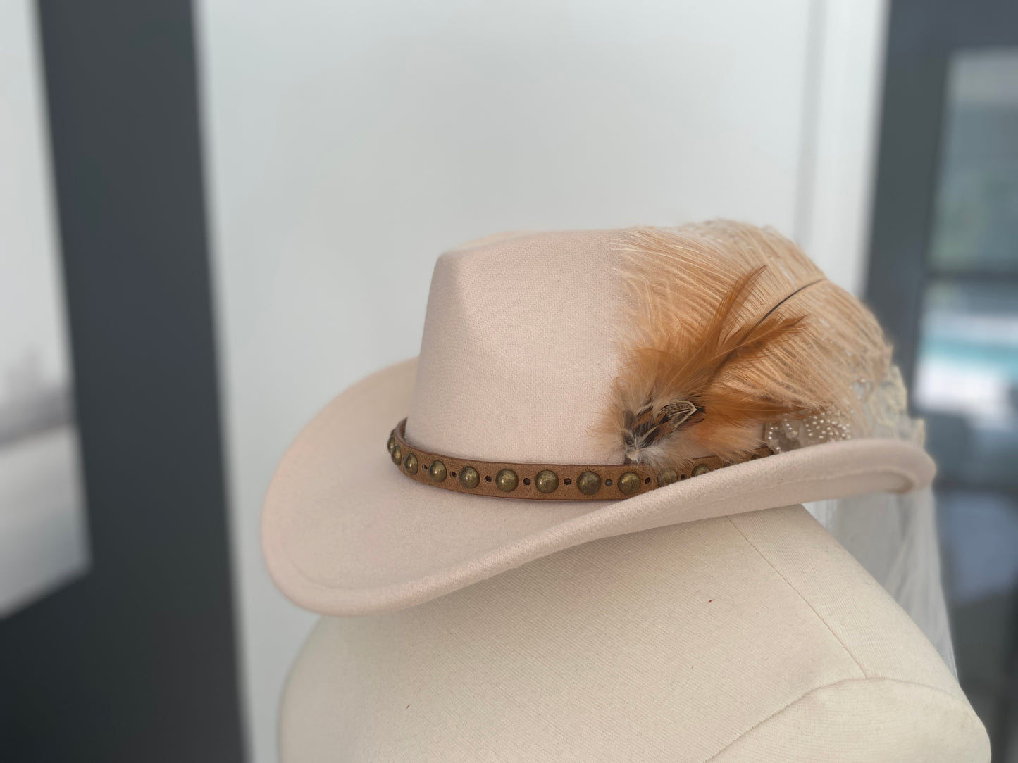 Cowgirl Wedding/ Bachelorette Party Cowgirl Hat: Vintage Veil & Feathers