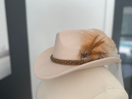 Cowgirl Wedding/ Bachelorette Party Cowgirl Hat: Vintage Veil & Feathers