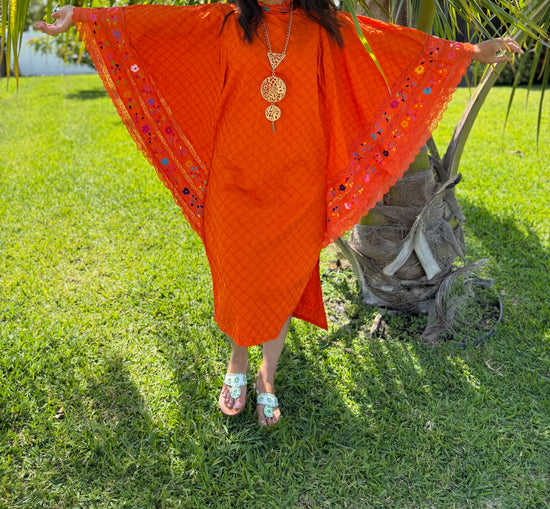 Sunset Siren, Orange Caftan with Embroidered Collar & Sleeves, Bust: 34-38"