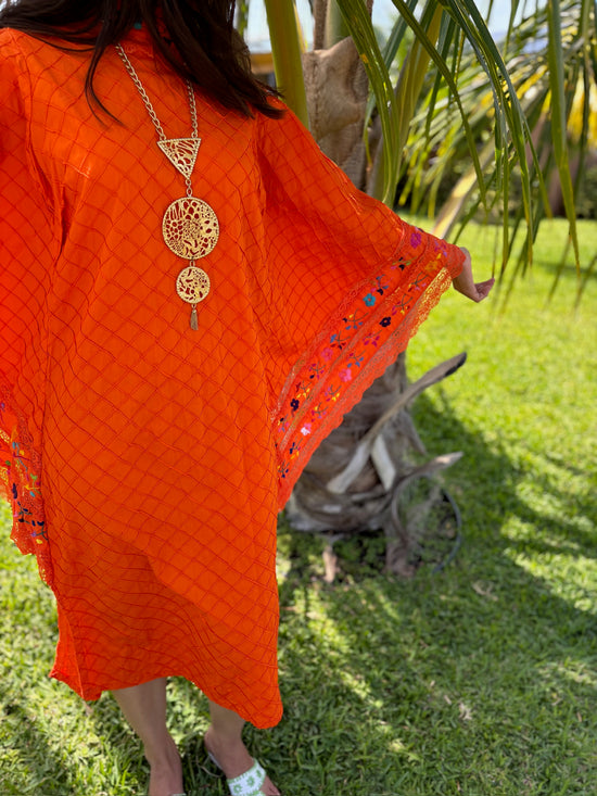 Sunset Siren, Orange Caftan with Embroidered Collar & Sleeves, Bust: 34-38"