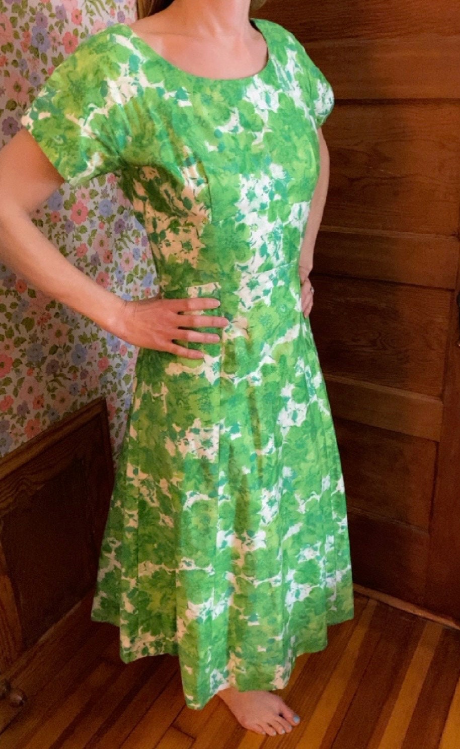 Gorgeous Custom Made Green Floral Dress, Mrs. Maisel Kingdom of Brooklyn Vintage Gorgeous Custom Made Green Floral Dress, Mrs. Maisel Kingdom of Brooklyn Vintage
