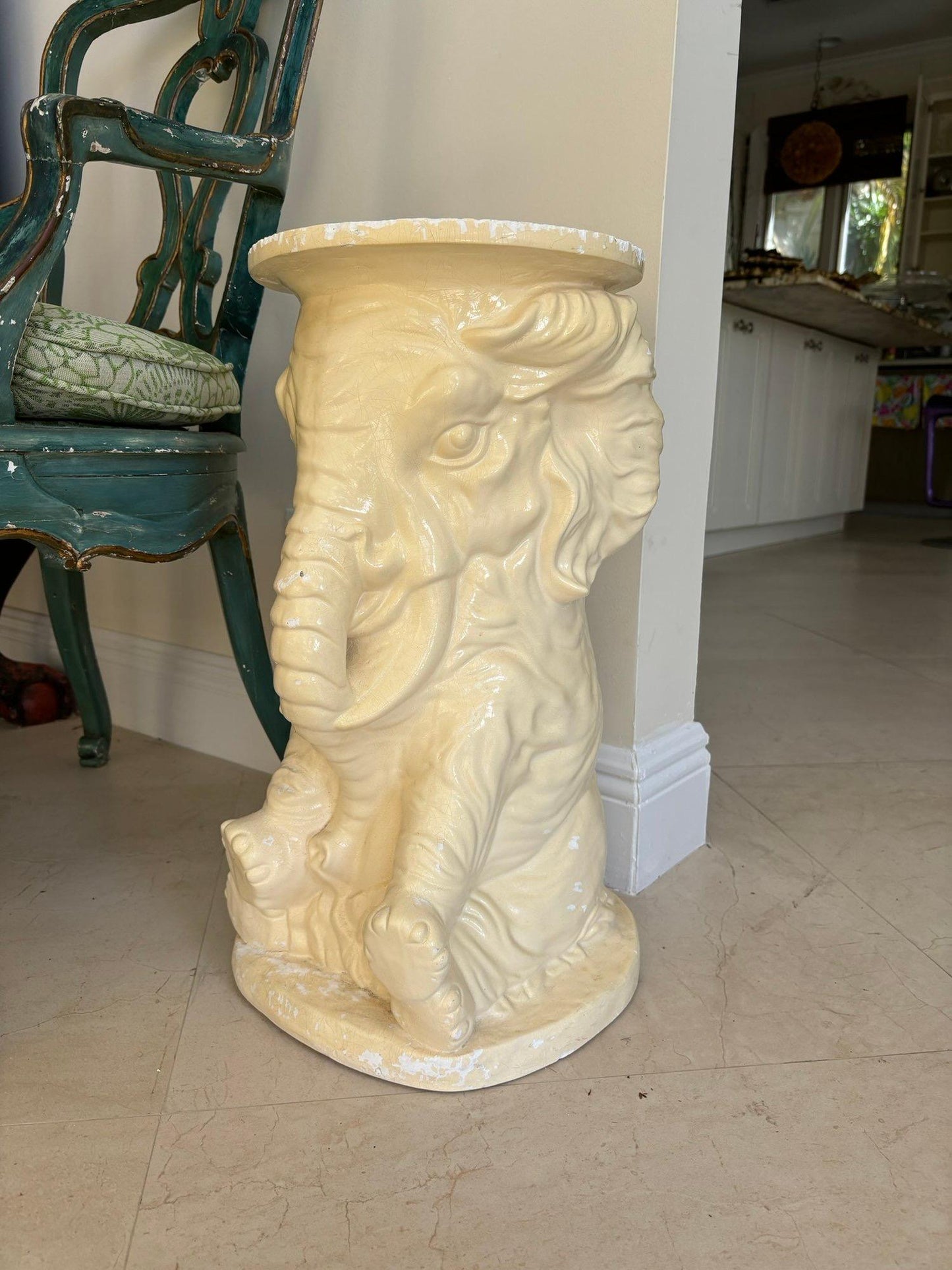 Plaster Elephant Plant Stand, Vintage Elephant Cocktail Table, Cream Elephant Table