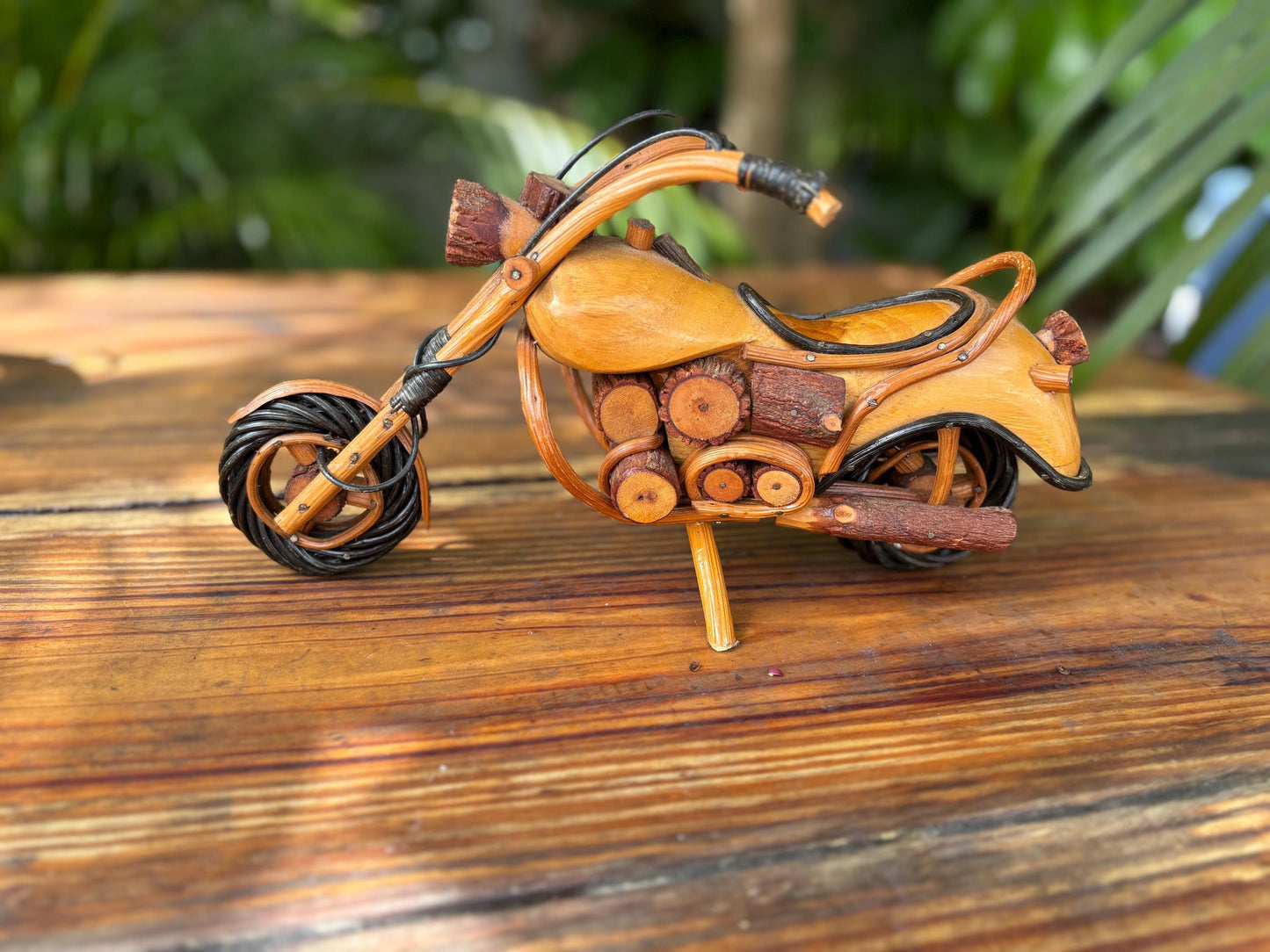 Handmade Vintage Wooden Motorcycle Sculpture: Thailand Folk Art Decor