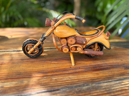 Handmade Vintage Wooden Motorcycle Sculpture: Thailand Folk Art Decor