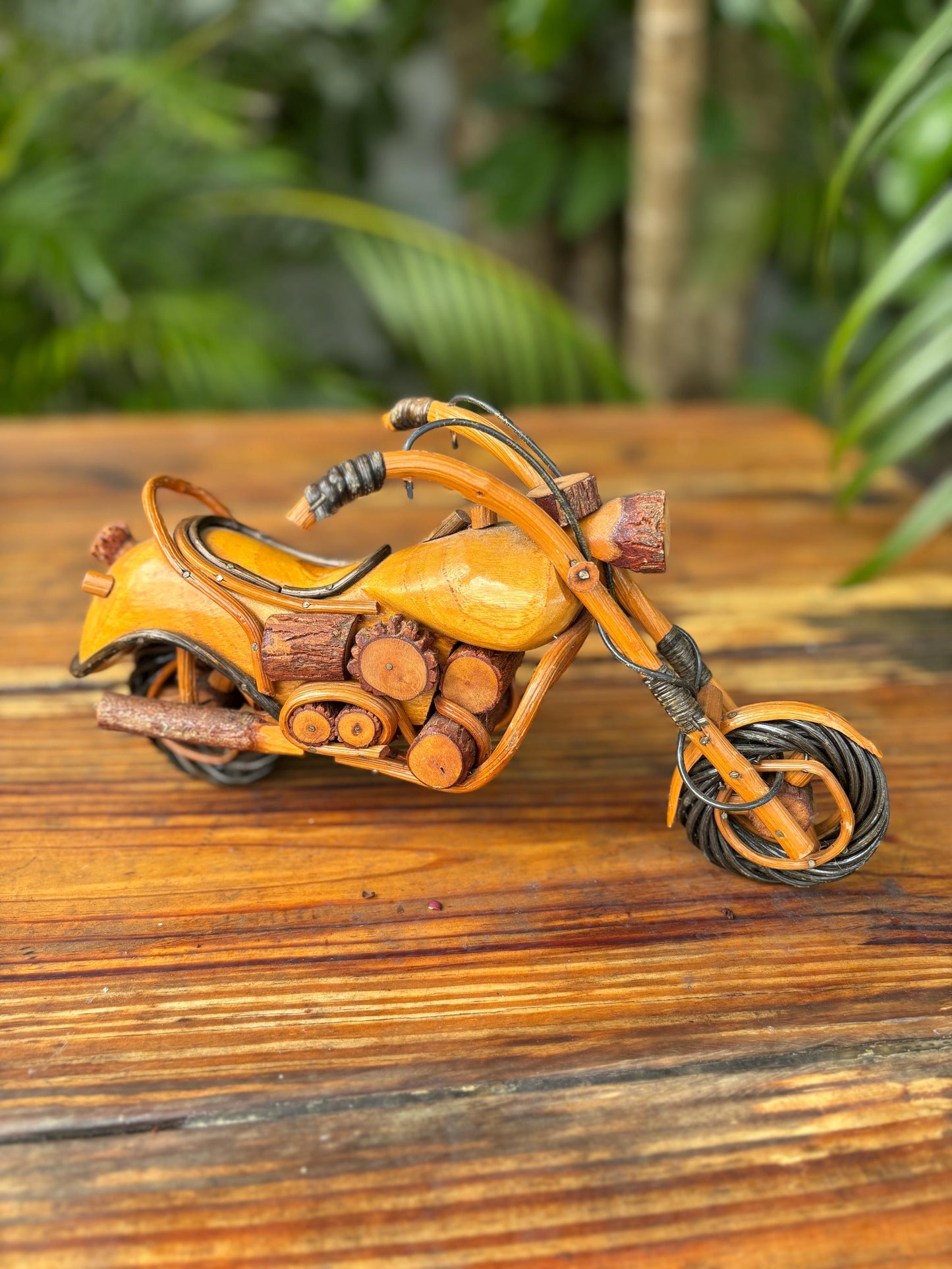 Handmade Vintage Wooden Motorcycle Sculpture: Thailand Folk Art Decor