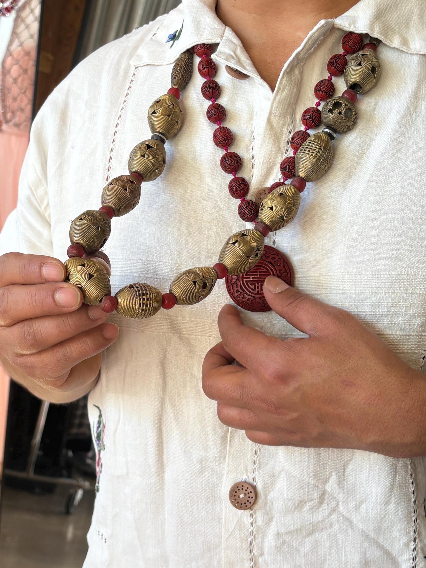 Vintage West African Brass Baule Ashanti Necklace, Lost Wax Casting Beads