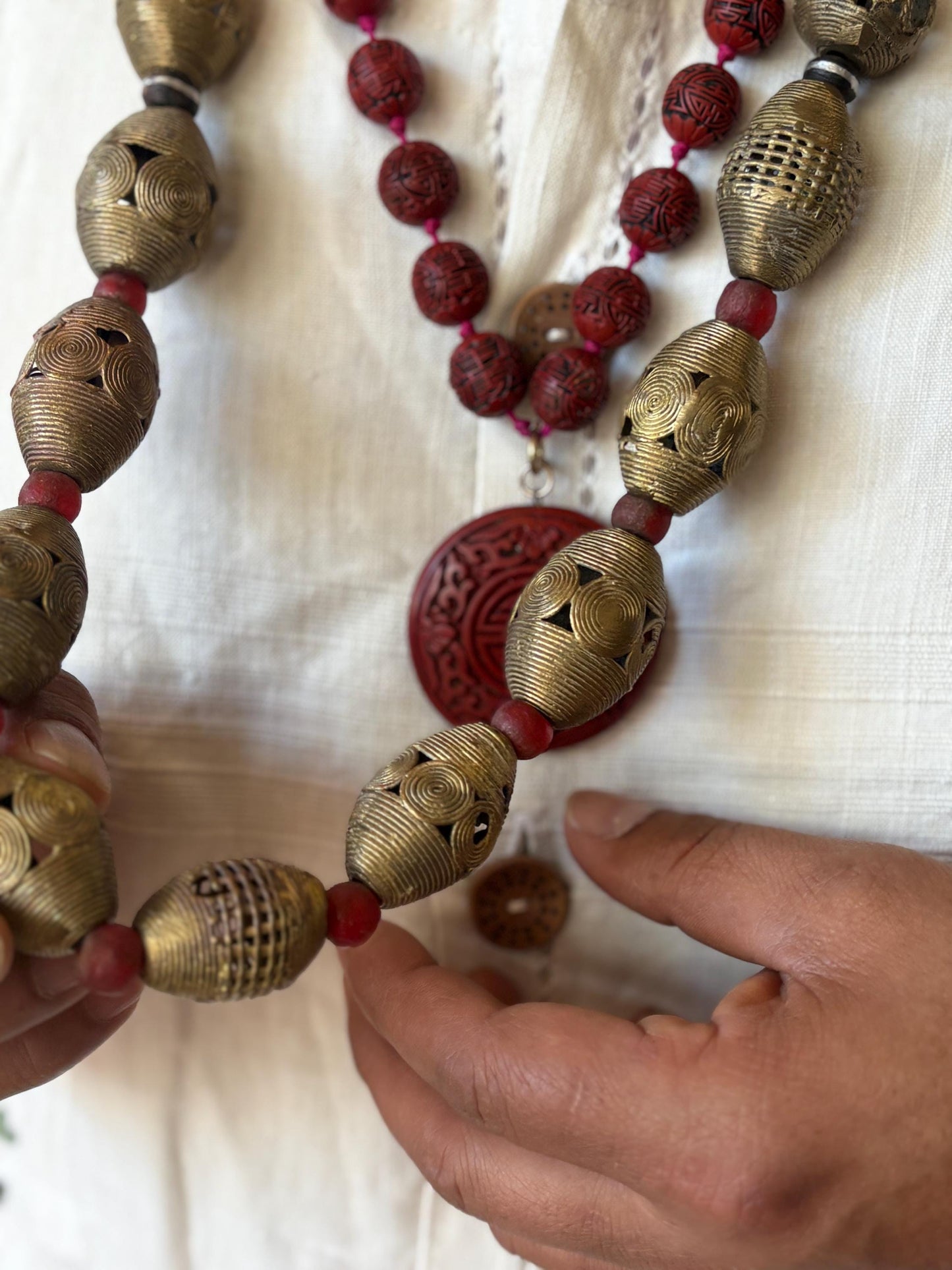 Vintage West African Brass Baule Ashanti Necklace, Lost Wax Casting Beads