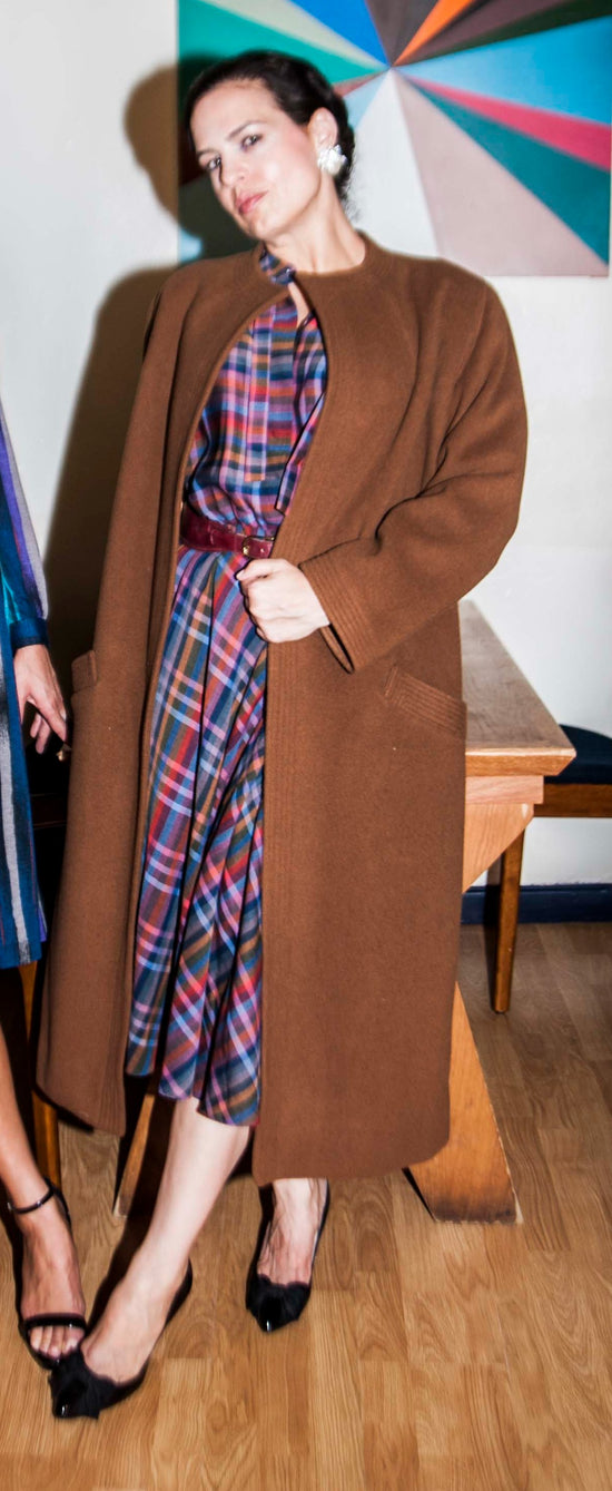 Classic Brown Wool Overcoat, Size L