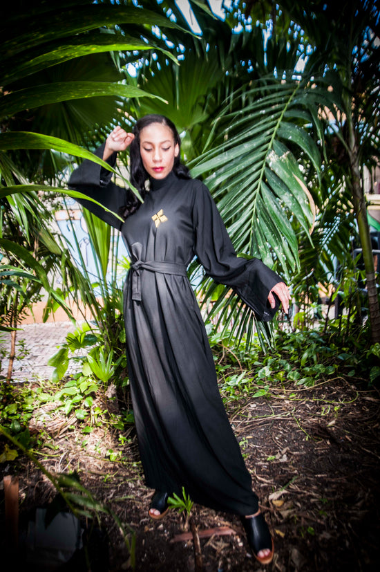 Black Mock Turtleneck Dress w Gold Embroidery Kingdom of