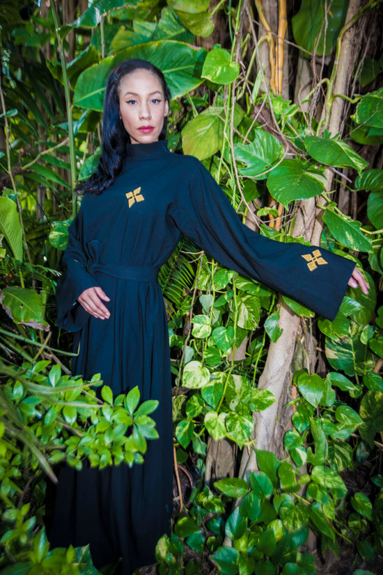 Black Mock Turtleneck Dress w Gold Embroidery Black Mock Turtleneck Dress w Gold Embroidery