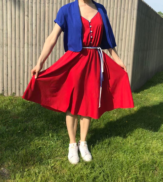 SALE Adorable Red 70s Dress w Bright Blue Piping and Matching  Blazer, Size M