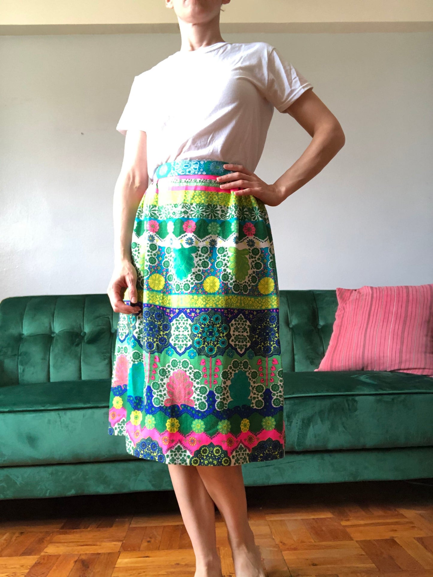 70s Neon Midi Skirt, Waist 25-26”