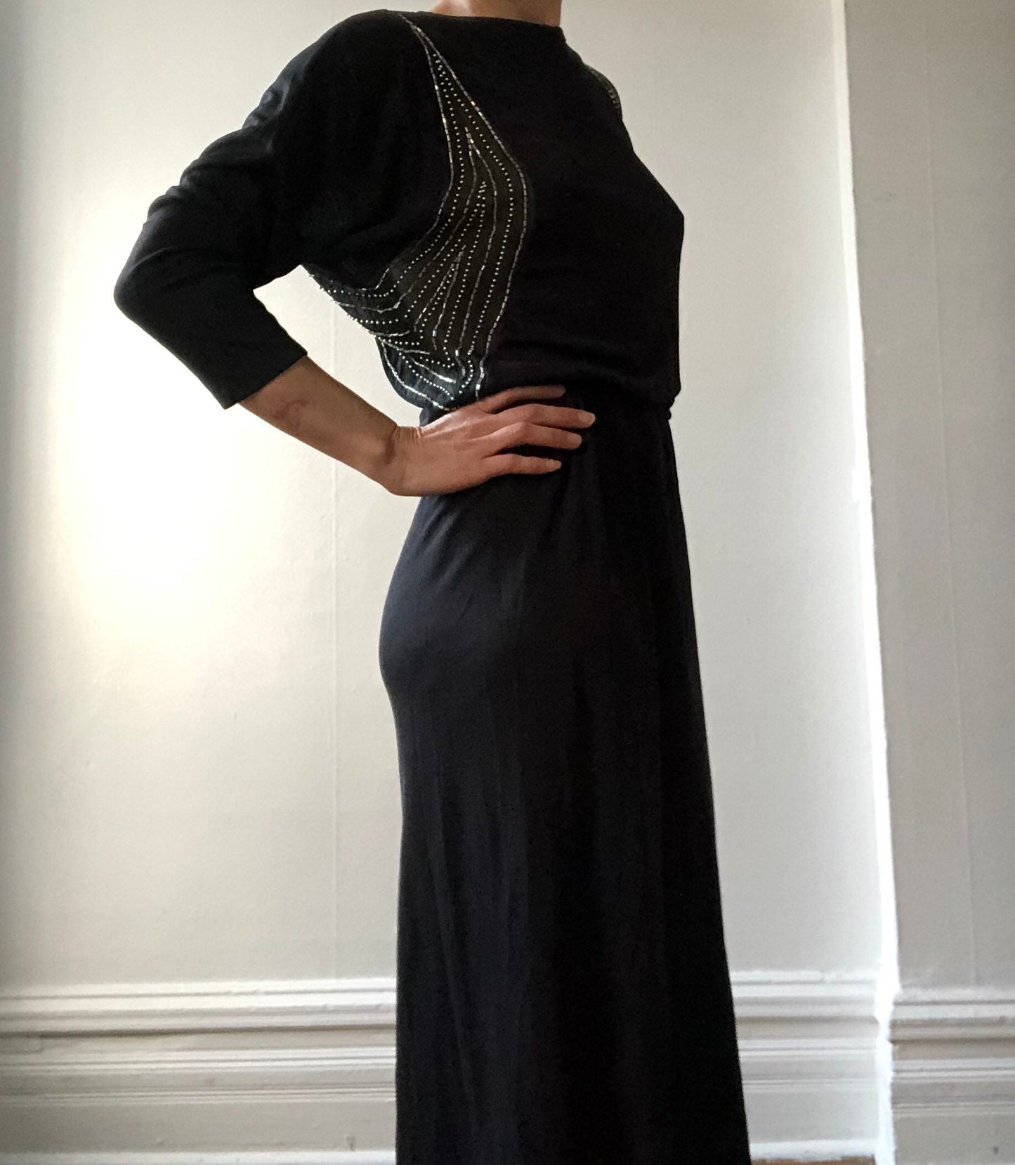 1970s Disco Dress with silver beading, Size Small