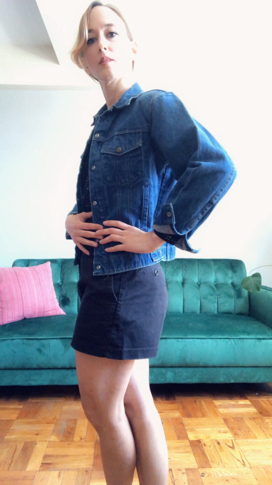 SALE  ReWorked 70s Denim Jacket w Thai fabric inset, Size Small