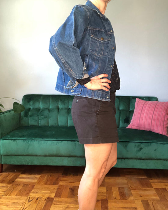 SALE  ReWorked 70s Denim Jacket w Thai fabric inset, Size Small