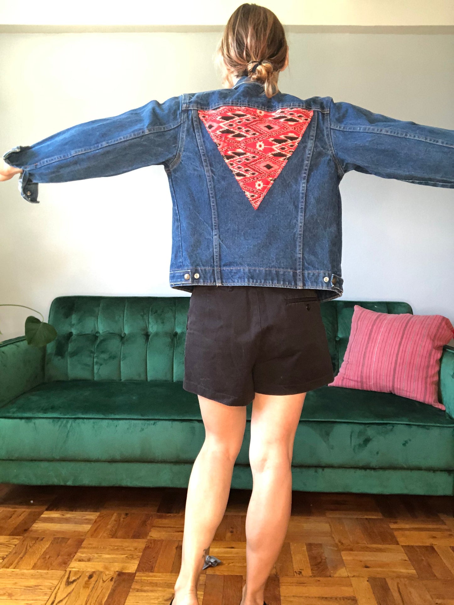 SALE  ReWorked 70s Denim Jacket w Thai fabric inset, Size Small