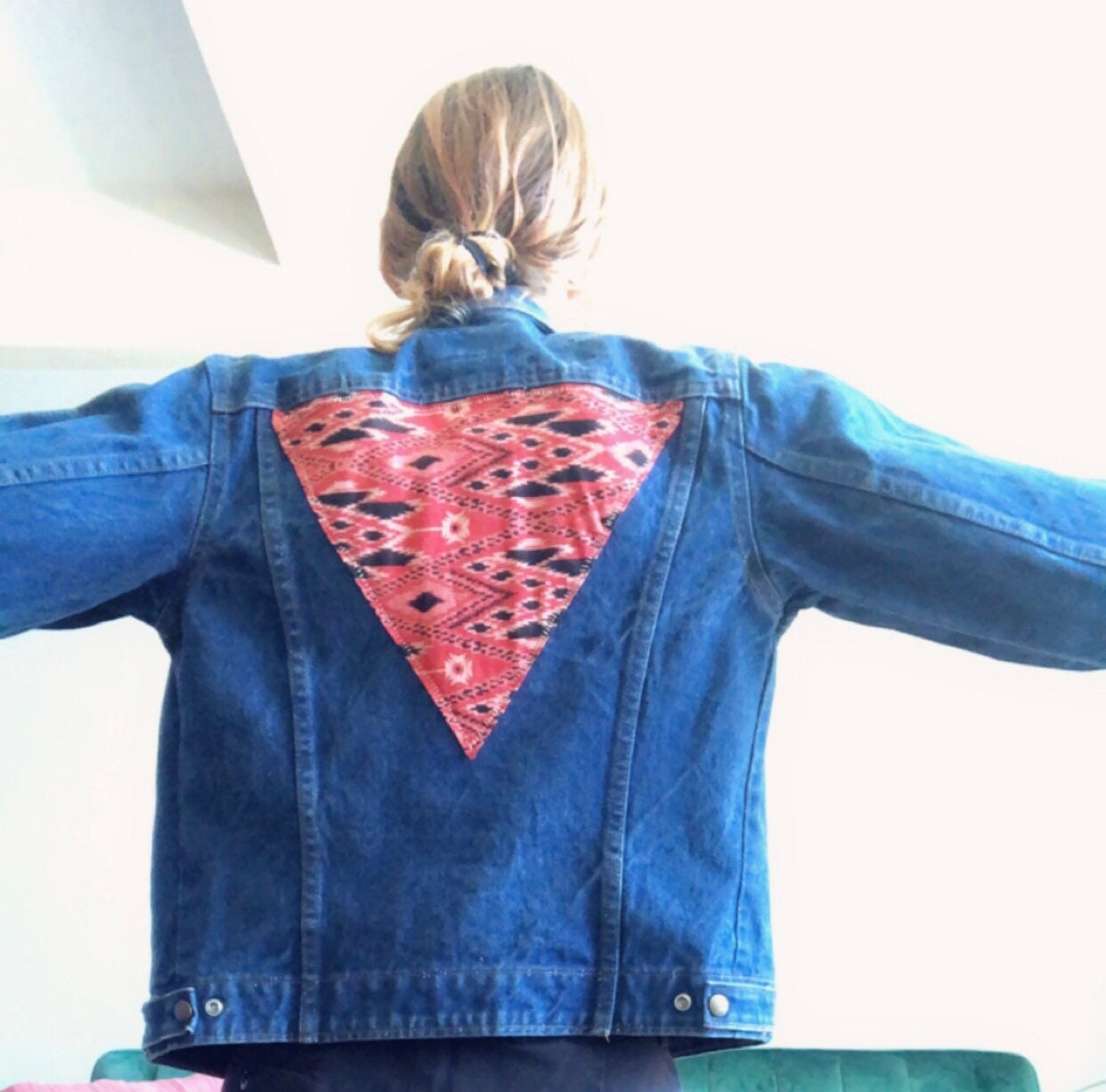SALE  ReWorked 70s Denim Jacket w Thai fabric inset, Size Small