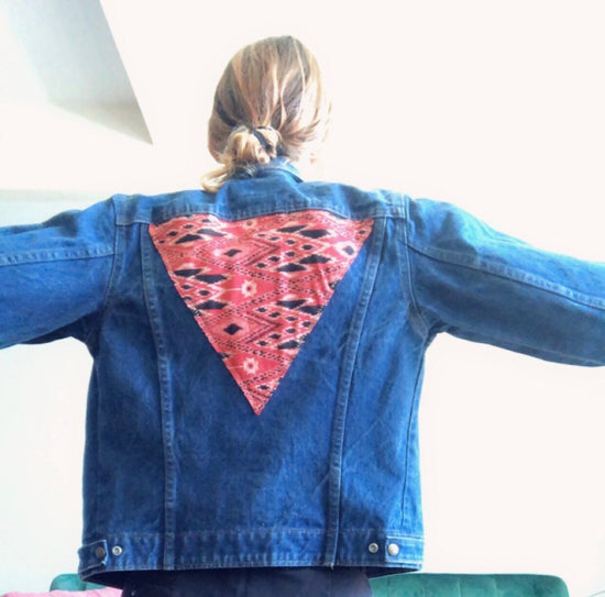 SALE  ReWorked 70s Denim Jacket w Thai fabric inset, Size Small