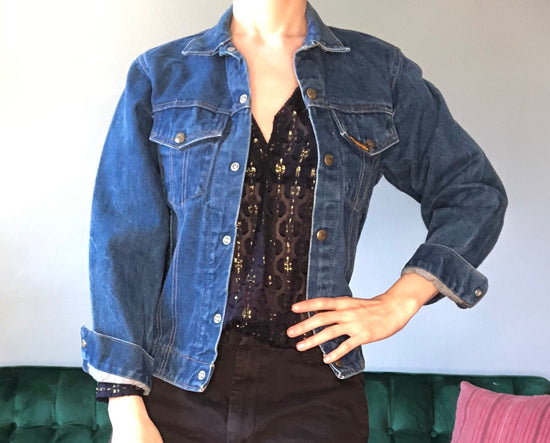 Load image into Gallery viewer, SALE  ReWorked 70s Denim Jacket w Thai fabric inset, Size Small
