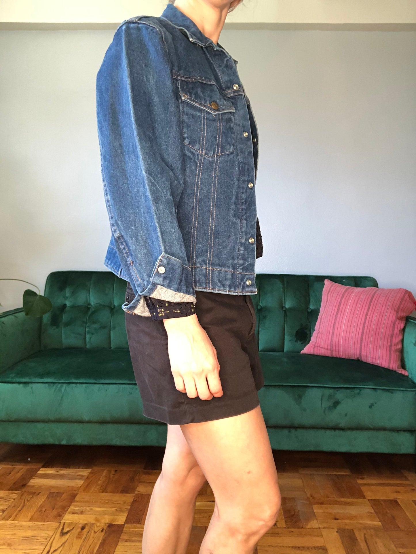 SALE  ReWorked 70s Denim Jacket w Thai fabric inset, Size Small