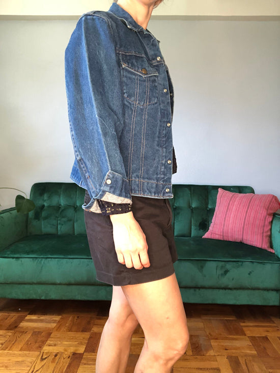 SALE  ReWorked 70s Denim Jacket w Thai fabric inset, Size Small