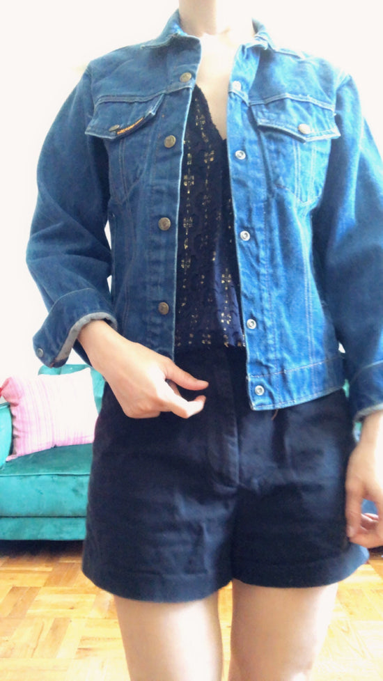 SALE  ReWorked 70s Denim Jacket w Thai fabric inset, Size Small