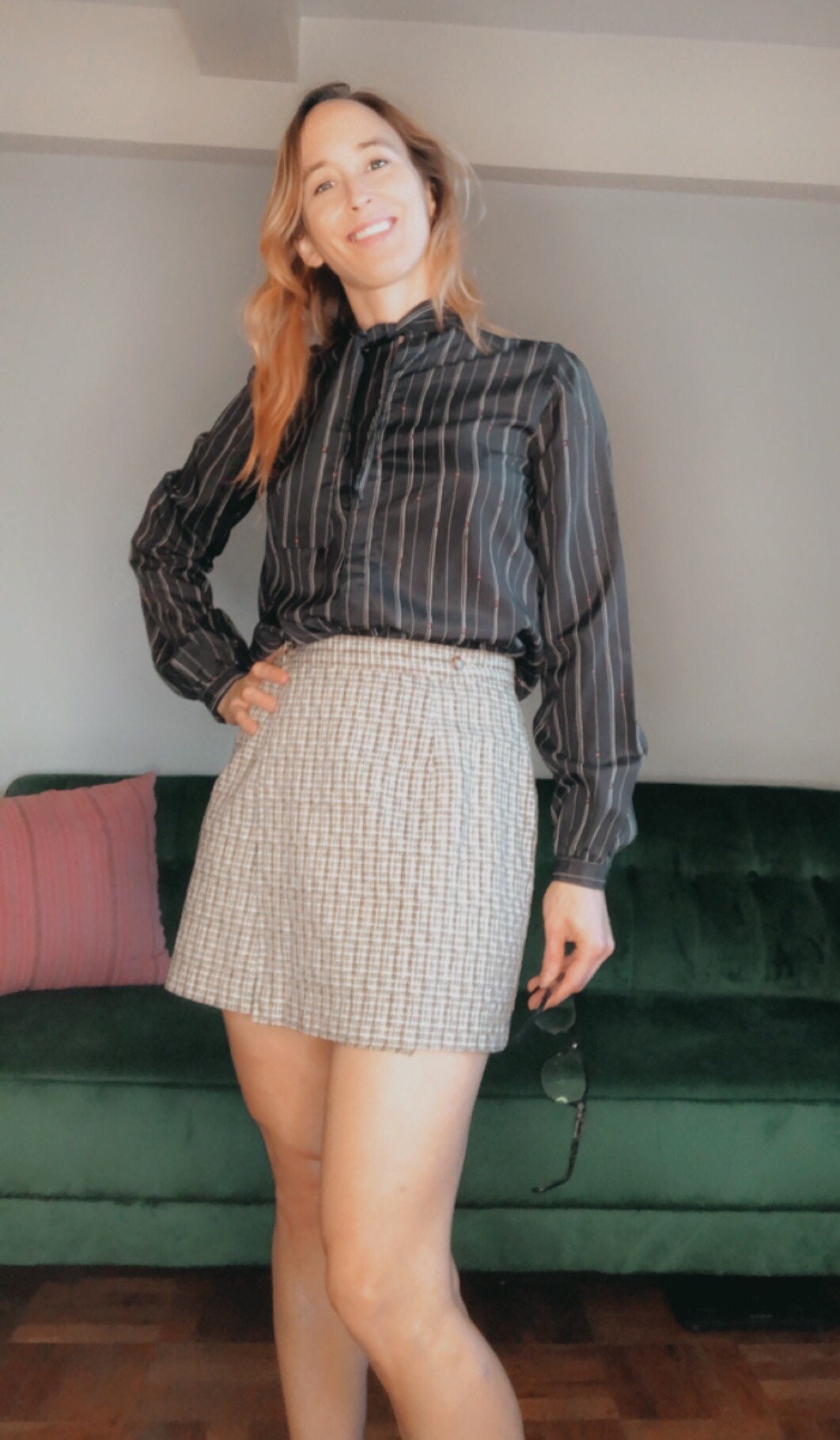SALE 1970s Jones New York Black Striped Tie Front Top, Size Small