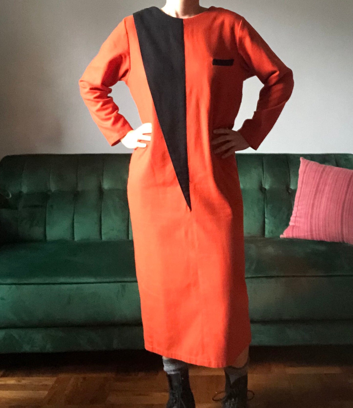 Stunning Orange and Black 80s Colorblock Dress, Size: Medium