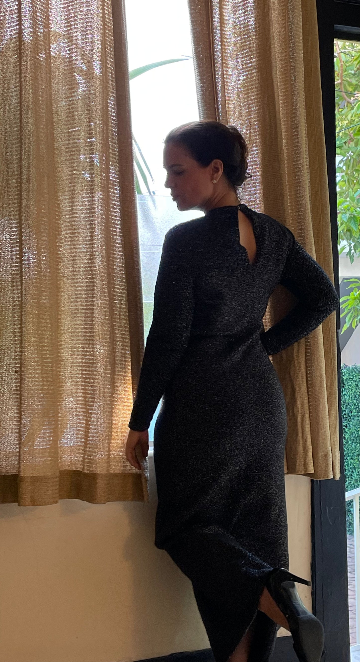 Black & Silver Custom Knit 70s Sweater Dress, 70s Party Dress, Body Con, Size M