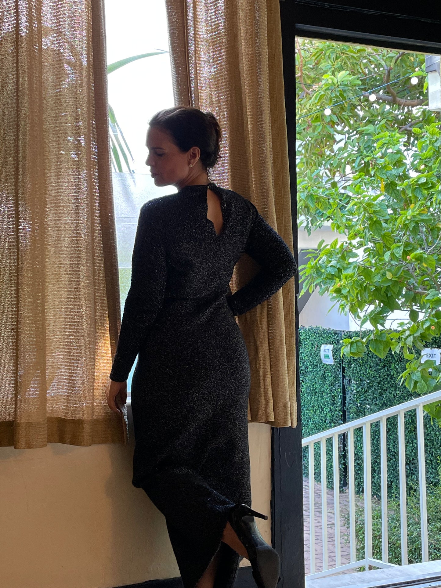 Black & Silver Custom Knit 70s Sweater Dress, 70s Party Dress, Body Con, Size M